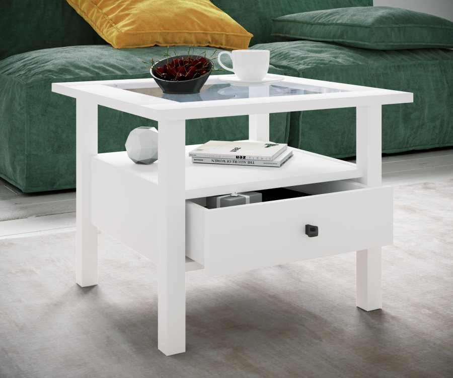 VCM NORDIC Lingis M Couchtisch, m. 1 Schublade - Glas und weißes Holz (53,5x53,5)
