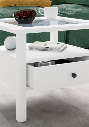 VCM NORDIC Lingis M Couchtisch, m. 1 Schublade - Glas und weißes Holz (53,5x53,5)