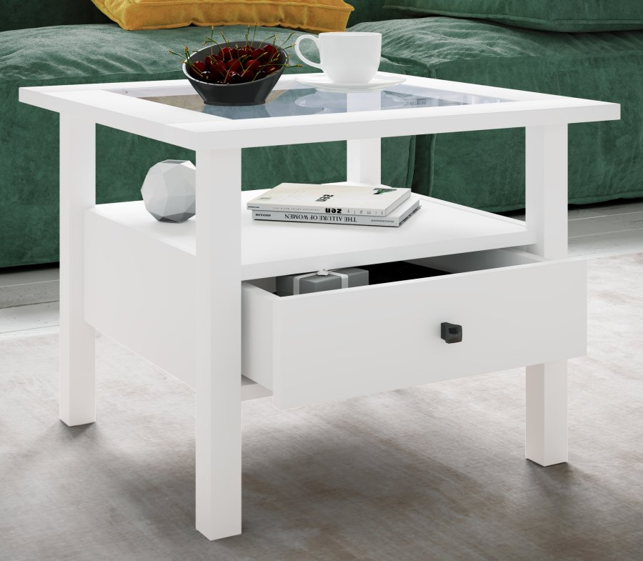 VCM NORDIC Lingis M Couchtisch, m. 1 Schublade - Glas und weißes Holz (53,5x53,5)