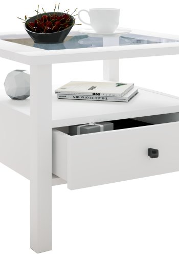 VCM NORDIC Lingis M Couchtisch, m. 1 Schublade - Glas und weißes Holz (53,5x53,5)