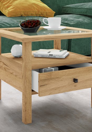 VCM NORDIC Lingis M Couchtisch, m. 1 Schublade - Glas und Naturholz (53,5x53,5)