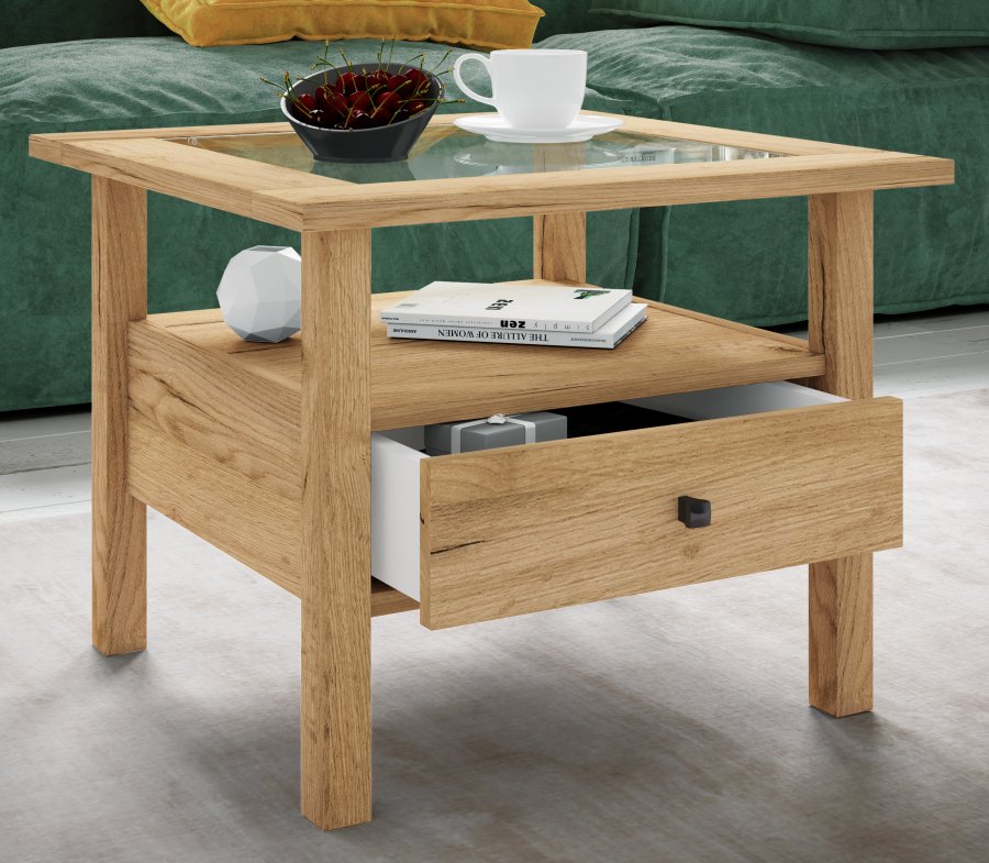 VCM NORDIC Lingis M Couchtisch, m. 1 Schublade - Glas und Naturholz (53,5x53,5)