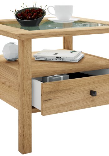 VCM NORDIC Lingis M Couchtisch, m. 1 Schublade - Glas und Naturholz (53,5x53,5)