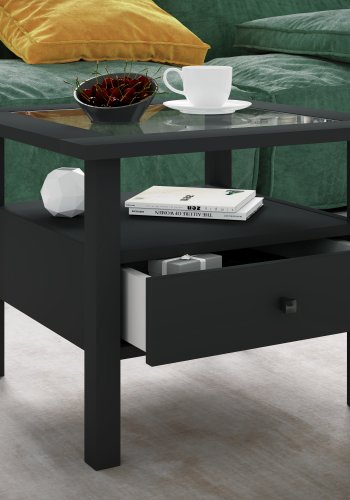 VCM NORDIC Lingis M sofabord, m. 1 skuff - glass og sort tre (53,5x53,5)