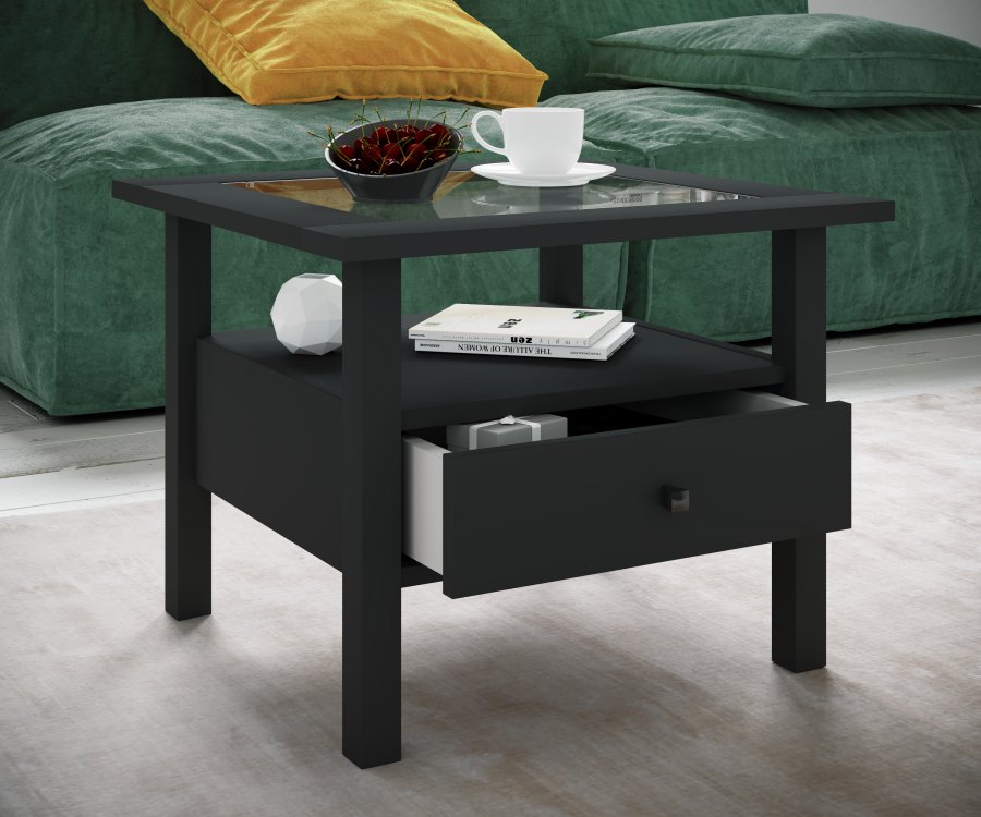 VCM NORDIC Lingis M sofabord, m. 1 skuff - glass og sort tre (53,5x53,5)