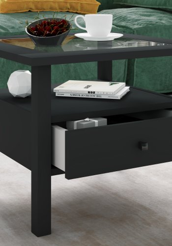 VCM NORDIC Lingis M sofabord, m. 1 skuff - glass og sort tre (53,5x53,5)