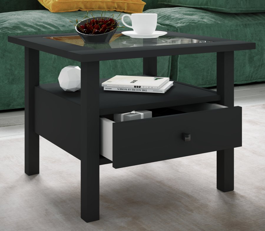 VCM NORDIC Lingis M sofabord, m. 1 skuff - glass og sort tre (53,5x53,5)