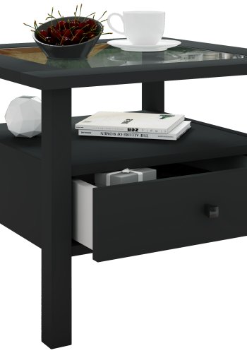 VCM NORDIC Lingis M sofabord, m. 1 skuff - glass og sort tre (53,5x53,5)