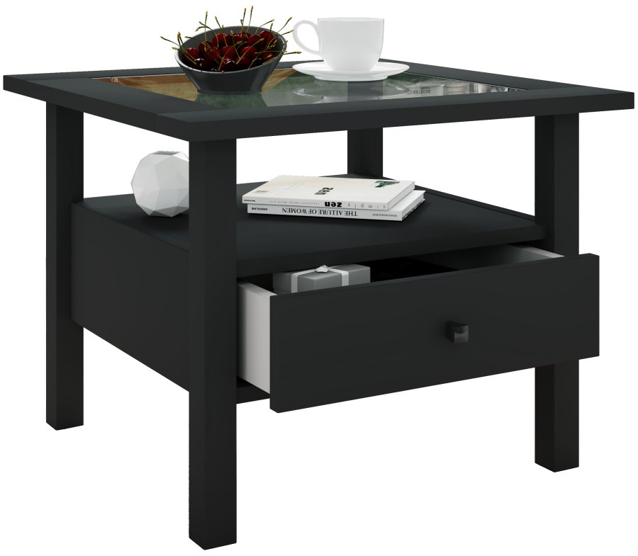 VCM NORDIC Lingis M sofabord, m. 1 skuff - glass og sort tre (53,5x53,5)