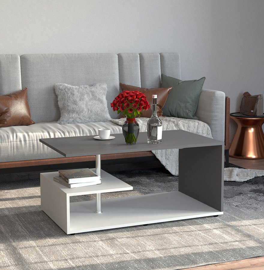 VCM NORDIC Maliso M Couchtisch, m. 1 Ablage - Anthrazitgrau/Weiß Holz (91x53)