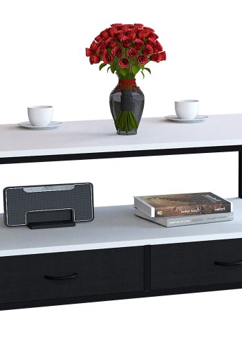 VCM NORDIC Flonila Couchtisch, m. 1 offenes Fach und 2 Stoffschubladen - weißes Holz und Metall (100x50)