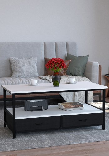 VCM NORDIC Flonila Couchtisch, m. 1 offenes Fach und 2 Stoffschubladen - weißes Holz und Metall (100x50)