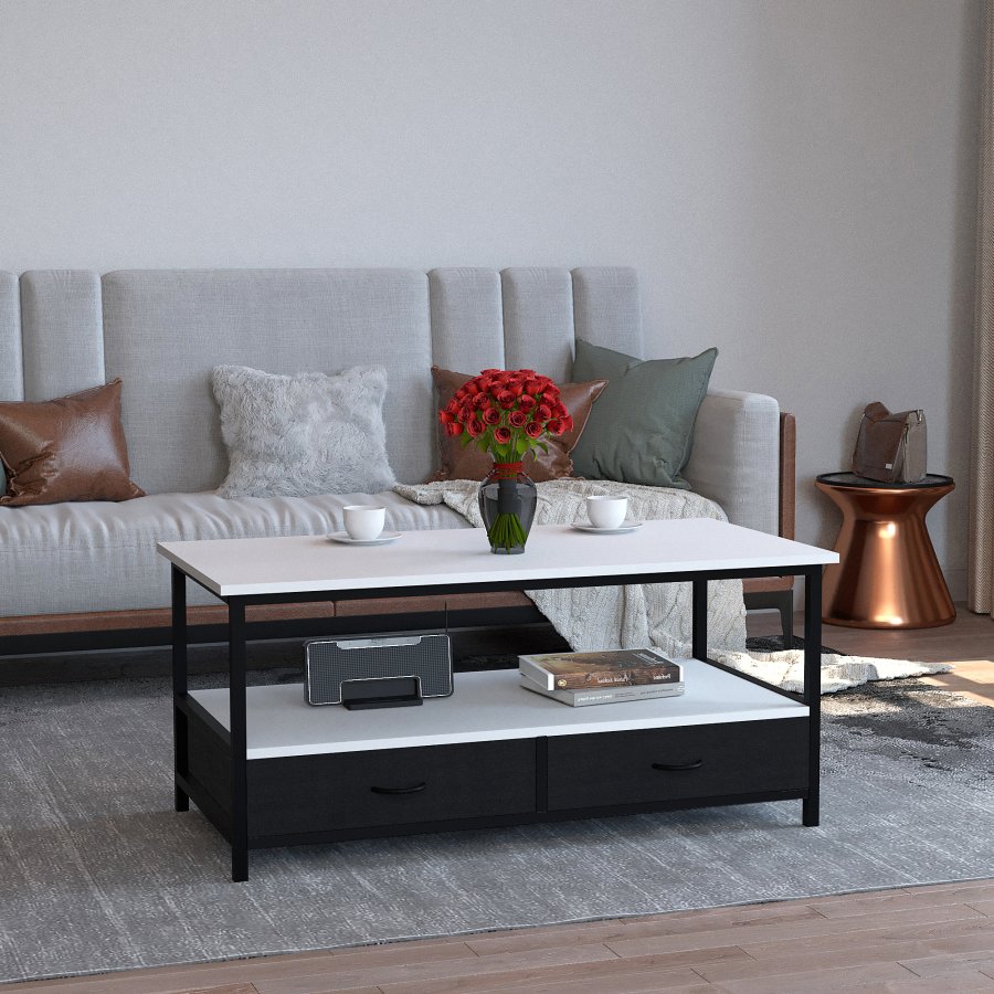 VCM NORDIC Flonila Couchtisch, m. 1 offenes Fach und 2 Stoffschubladen - weißes Holz und Metall (100x50)