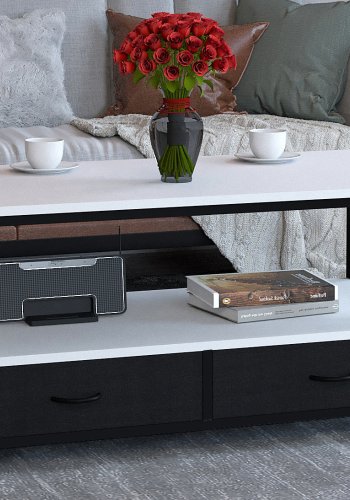 VCM NORDIC Flonila Couchtisch, m. 1 offenes Fach und 2 Stoffschubladen - weißes Holz und Metall (100x50)