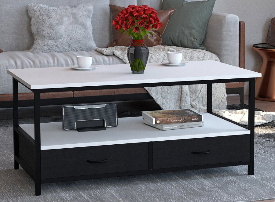 VCM NORDIC Flonila Couchtisch, m. 1 offenes Fach und 2 Stoffschubladen - weißes Holz und Metall (100x50)