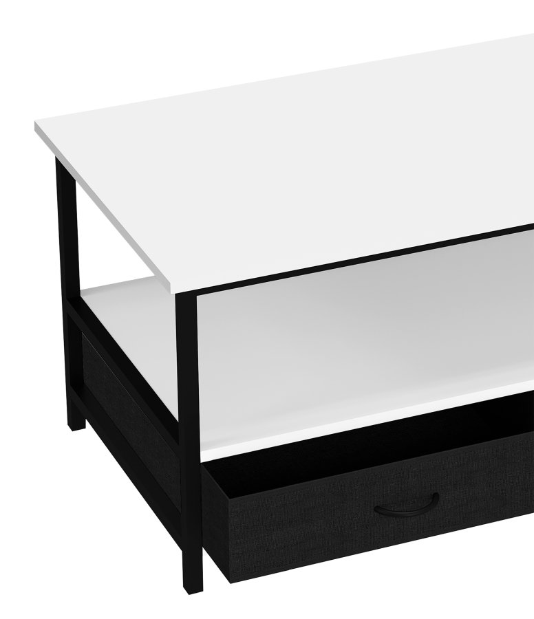 VCM NORDIC Flonila Couchtisch, m. 1 offenes Fach und 2 Stoffschubladen - weißes Holz und Metall (100x50)