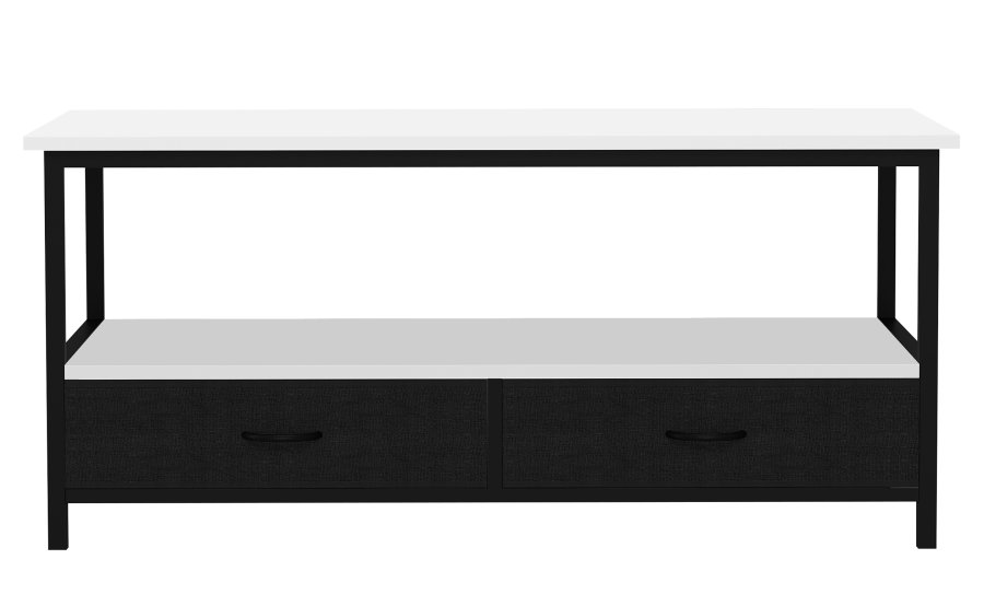 VCM NORDIC Flonila Couchtisch, m. 1 offenes Fach und 2 Stoffschubladen - weißes Holz und Metall (100x50)