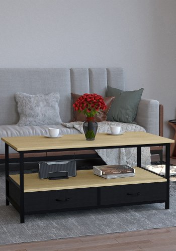 VCM NORDIC Flonila Couchtisch, mit 1 offenen Fach und 2 Stoffschubladen – Naturholz und Metall (100x50)