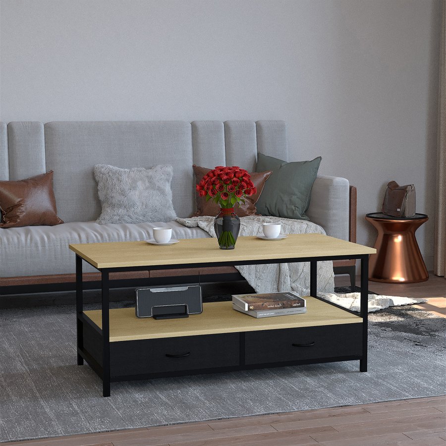 VCM NORDIC Flonila Couchtisch, mit 1 offenen Fach und 2 Stoffschubladen – Naturholz und Metall (100x50)