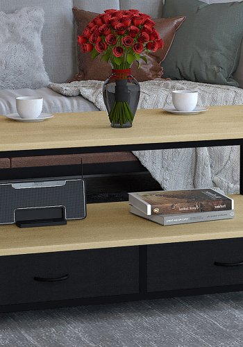 VCM NORDIC Flonila Couchtisch, mit 1 offenen Fach und 2 Stoffschubladen – Naturholz und Metall (100x50)