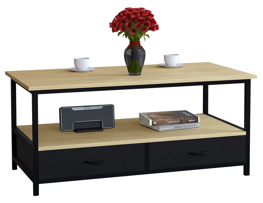 VCM NORDIC Flonila Couchtisch, mit 1 offenen Fach und 2 Stoffschubladen – Naturholz und Metall (100x50)