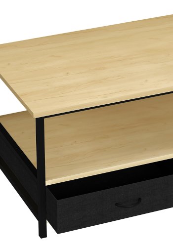 VCM NORDIC Flonila Couchtisch, mit 1 offenen Fach und 2 Stoffschubladen – Naturholz und Metall (100x50)