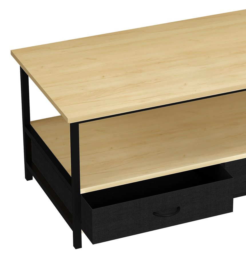 VCM NORDIC Flonila Couchtisch, mit 1 offenen Fach und 2 Stoffschubladen – Naturholz und Metall (100x50)