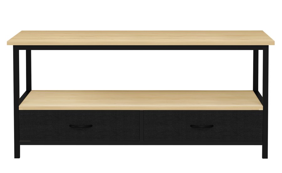 VCM NORDIC Flonila Couchtisch, mit 1 offenen Fach und 2 Stoffschubladen – Naturholz und Metall (100x50)