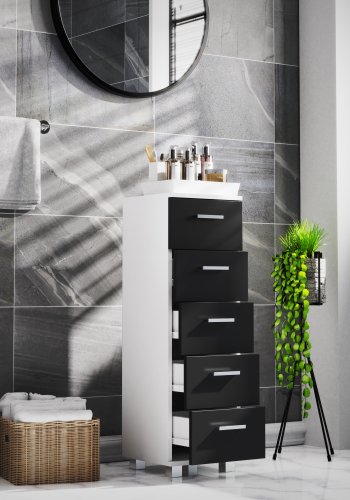 VCM NORDIC Zalo M Kommode Badezimmerschrank, m. 5 Schubladen - weiß/schwarz Melamin