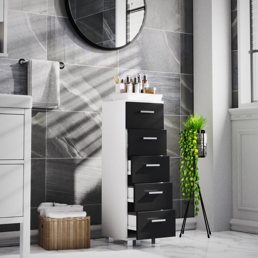 VCM NORDIC Zalo M Kommode Badezimmerschrank, m. 5 Schubladen - weiß/schwarz Melamin