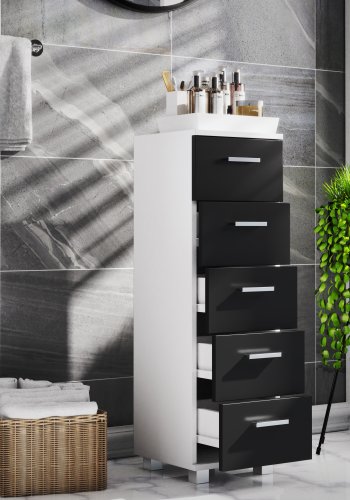 VCM NORDIC Zalo M Kommode Badezimmerschrank, m. 5 Schubladen - weiß/schwarz Melamin