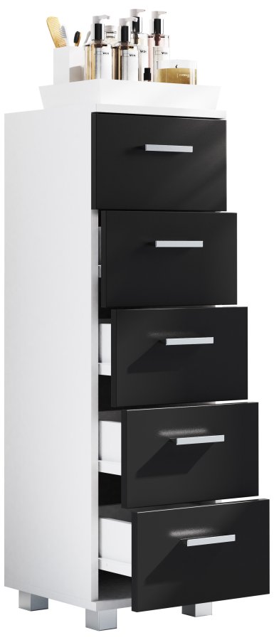 VCM NORDIC Zalo M Kommode Badezimmerschrank, m. 5 Schubladen - weiß/schwarz Melamin