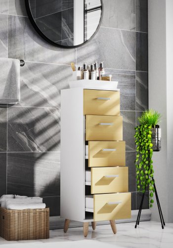 VCM NORDIC Landos M Kommode Badezimmerschrank, m. 5 Schubladen - Weiß/Natur Melamin