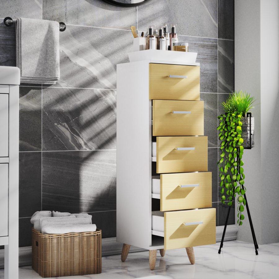 VCM NORDIC Landos M Kommode Badezimmerschrank, m. 5 Schubladen - Weiß/Natur Melamin