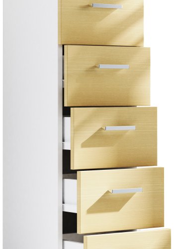 VCM NORDIC Landos M Kommode Badezimmerschrank, m. 5 Schubladen - Weiß/Natur Melamin
