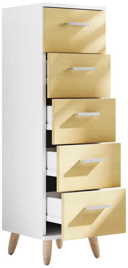VCM NORDIC Landos M Kommode Badezimmerschrank, m. 5 Schubladen - Weiß/Natur Melamin
