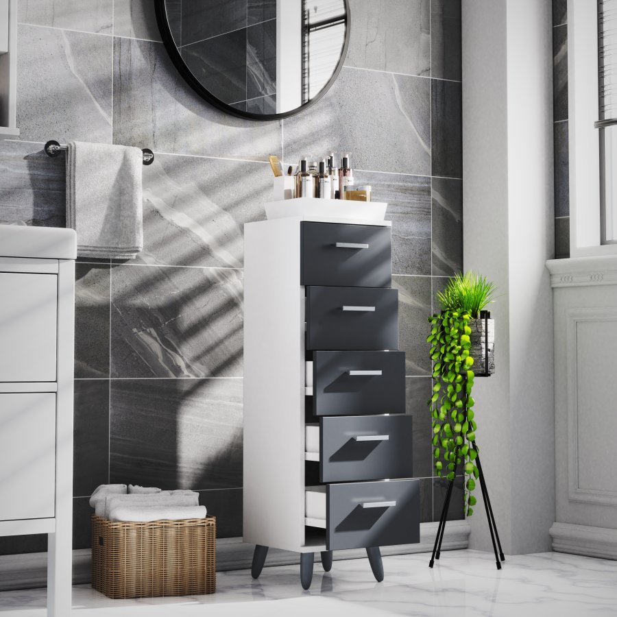 VCM NORDIC Landos M Kommode Badezimmerschrank, mit 5 Schubladen - Weiß/Anthrazitgrau Melamin