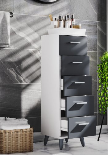 VCM NORDIC Landos M Kommode Badezimmerschrank, mit 5 Schubladen - Weiß/Anthrazitgrau Melamin