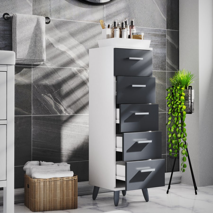 VCM NORDIC Landos M Kommode Badezimmerschrank, mit 5 Schubladen - Weiß/Anthrazitgrau Melamin