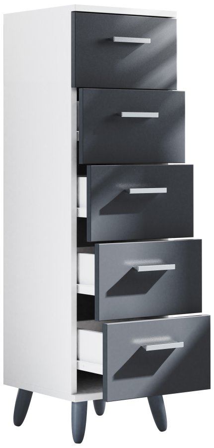 VCM NORDIC Landos M Kommode Badezimmerschrank, mit 5 Schubladen - Weiß/Anthrazitgrau Melamin