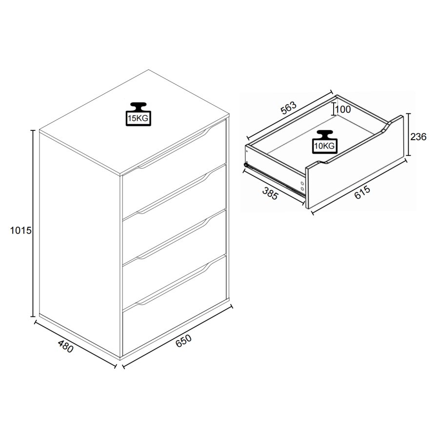 VCM NORDIC Malira XL Kommode, m. 4 Schubladen - wei/natur