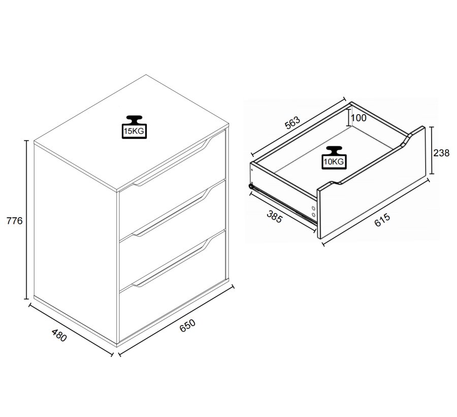 VCM NORDIC Malira L Kommode, m. 3 Schubladen - Holz weiß