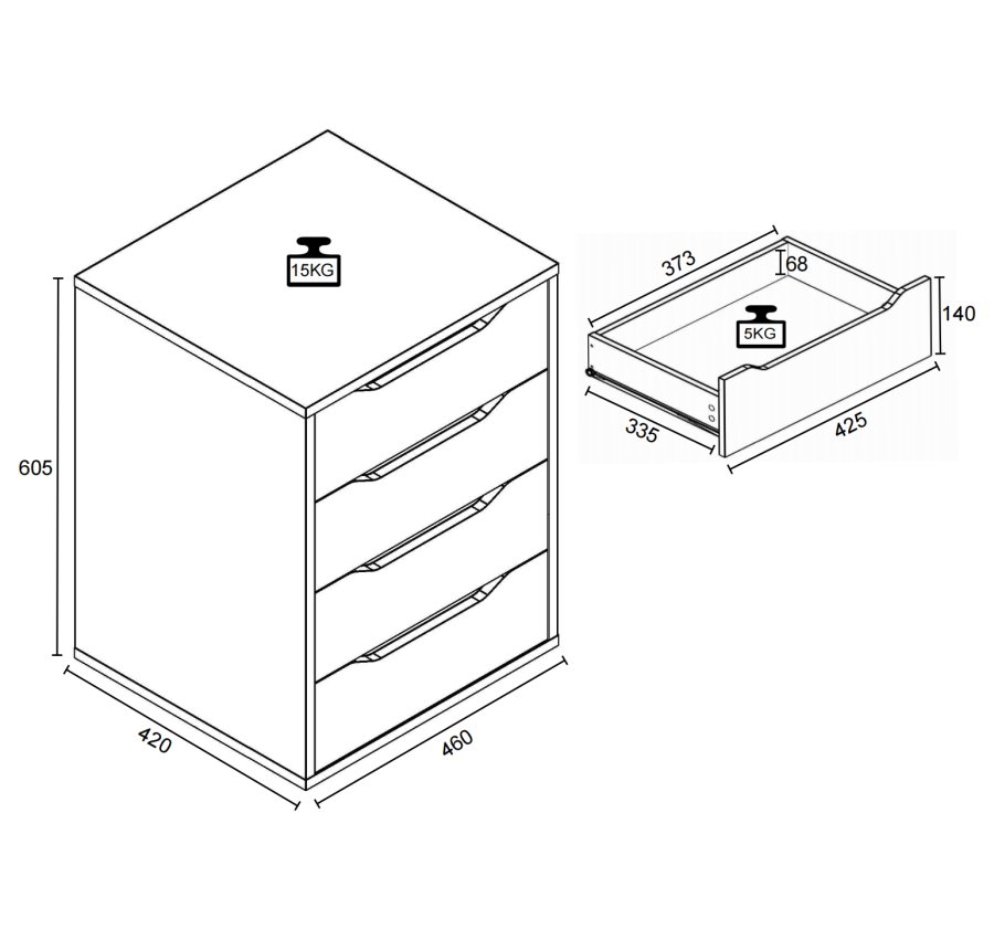 VCM NORDIC Malira M Nachttisch, m. 4 Schubladen - Weiß/Naturholz (46x42)