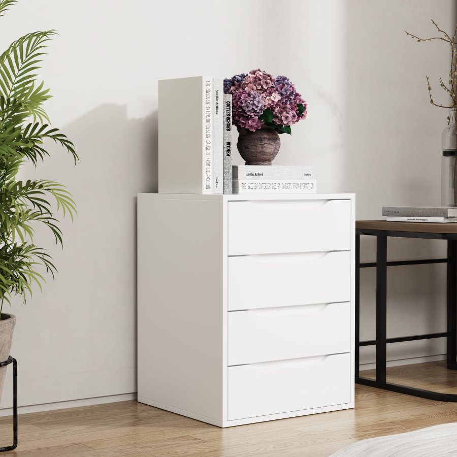 VCM NORDIC Malira M Nachttisch, m. 4 Schubladen - Holz weiß (46x42)