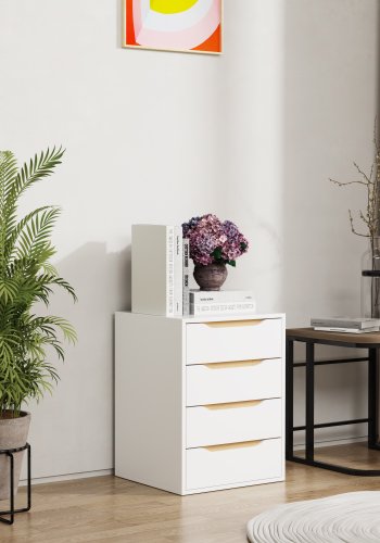 VCM NORDIC Malira M Nachttisch, m. 4 Schubladen - Weiß/Naturholz (46x42)