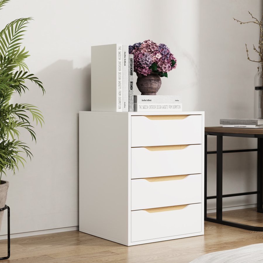 VCM NORDIC Malira M Nachttisch, m. 4 Schubladen - Weiß/Naturholz (46x42)