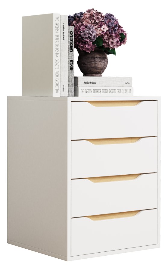 VCM NORDIC Malira M Nachttisch, m. 4 Schubladen - Weiß/Naturholz (46x42)