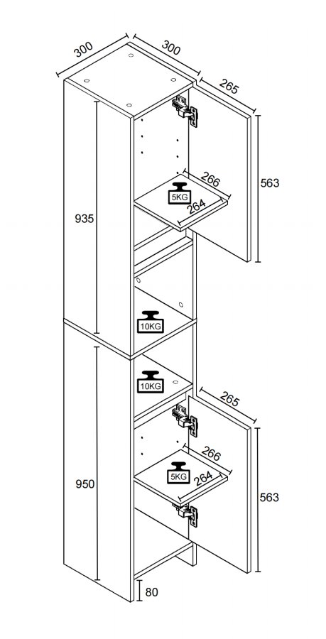 VCM NORDIC Malira Badezimmerschrank Hoch, mit 2 Türen und 3 Einlegeböden - Weiß/Natur-Melamin