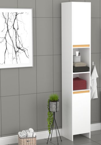 VCM NORDIC Malira Badezimmerschrank Hoch, mit 2 Türen und 3 Einlegeböden - Weiß/Natur-Melamin