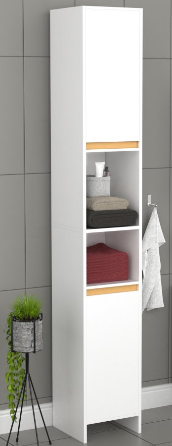 VCM NORDIC Malira Badezimmerschrank Hoch, mit 2 Türen und 3 Einlegeböden - Weiß/Natur-Melamin